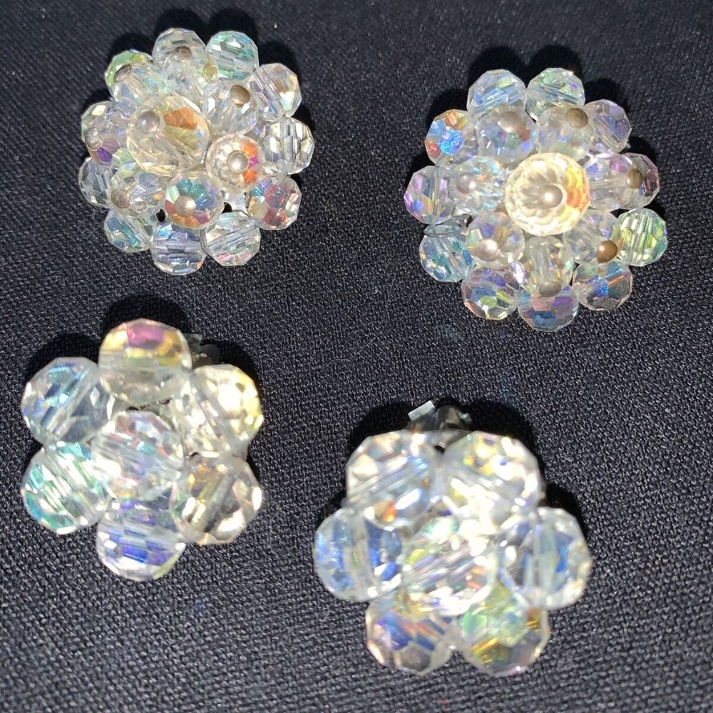 2 PAIR VINTAGE ROUND AB CRYSTAL CLUSTER RHINESTONE CLIP ON EARRINGS RETRO